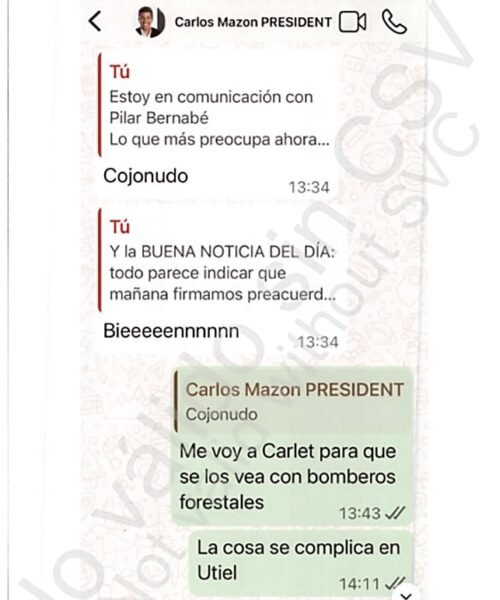 Los mensajes en la mañana de la dana entre Pradas y Mazón: “Estoy en comunicación con Bernabé. Lo que más preocupa es barranco del Poyo y río Magro”. “Cojonudo”, contestó el ‘expresident’